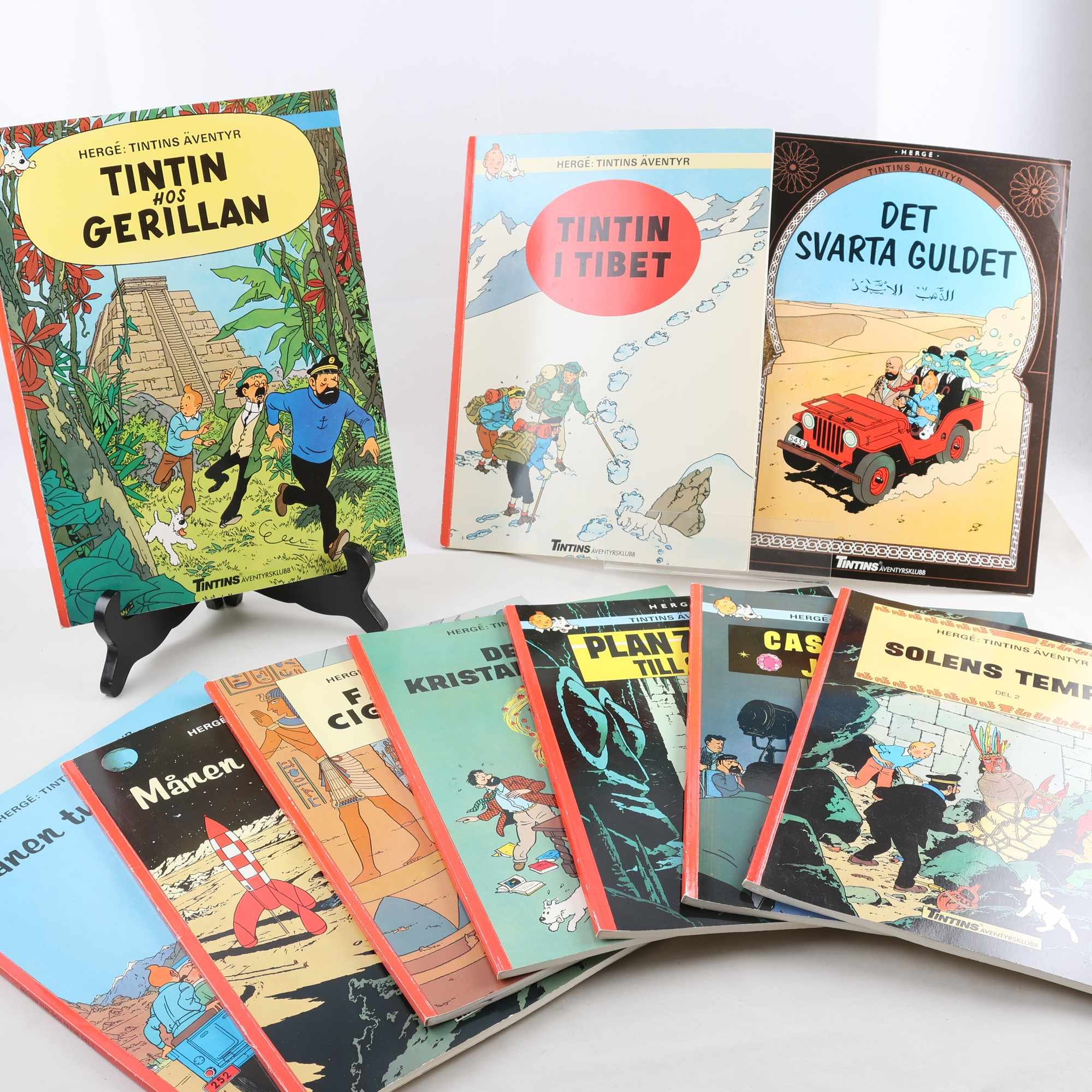 Tintins äventyr, paket med 10 album, tryckta 1980-tal, samfraktas ej.