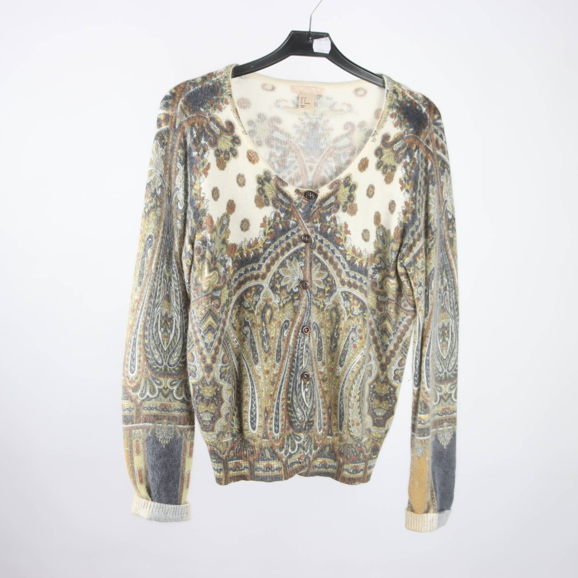 Kofta, H&M, brun, grå, ull, angora, stl. 38.