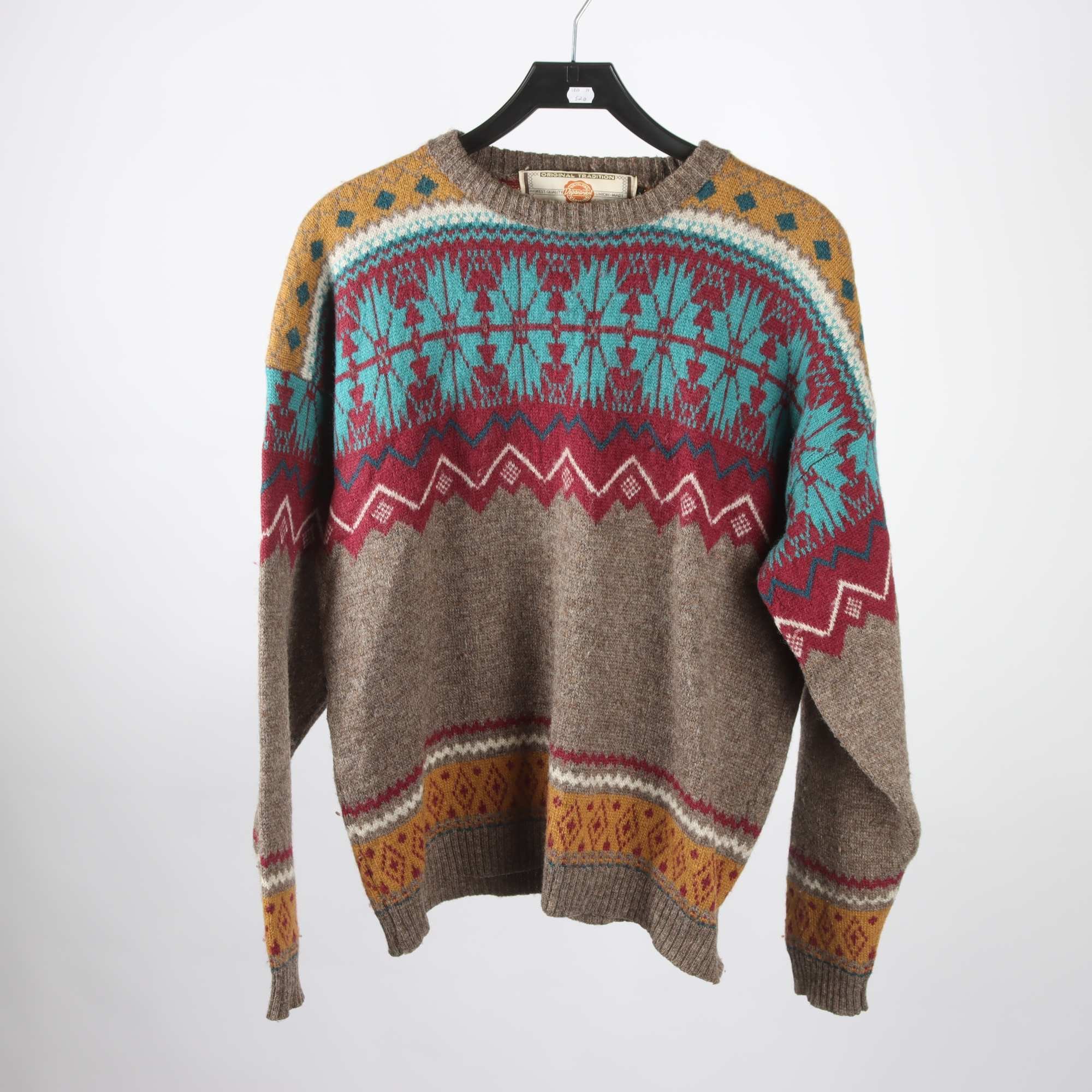 Tröja, Departure, gul, blå, brun, 100% ull, stl. XL.