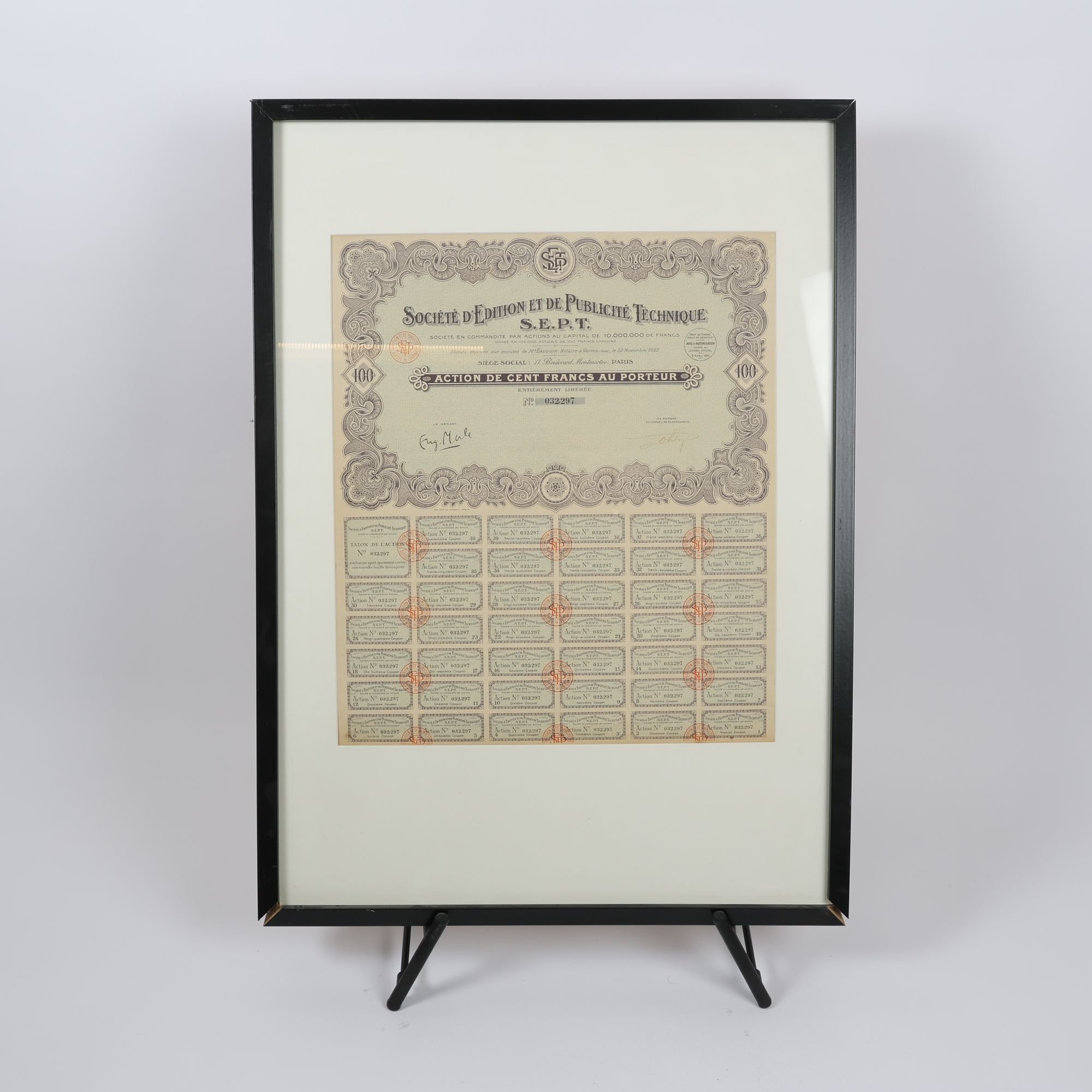 Aktiebrev, Societé d´Edition et de Publicité Technique, 100 franc. Endast avh.