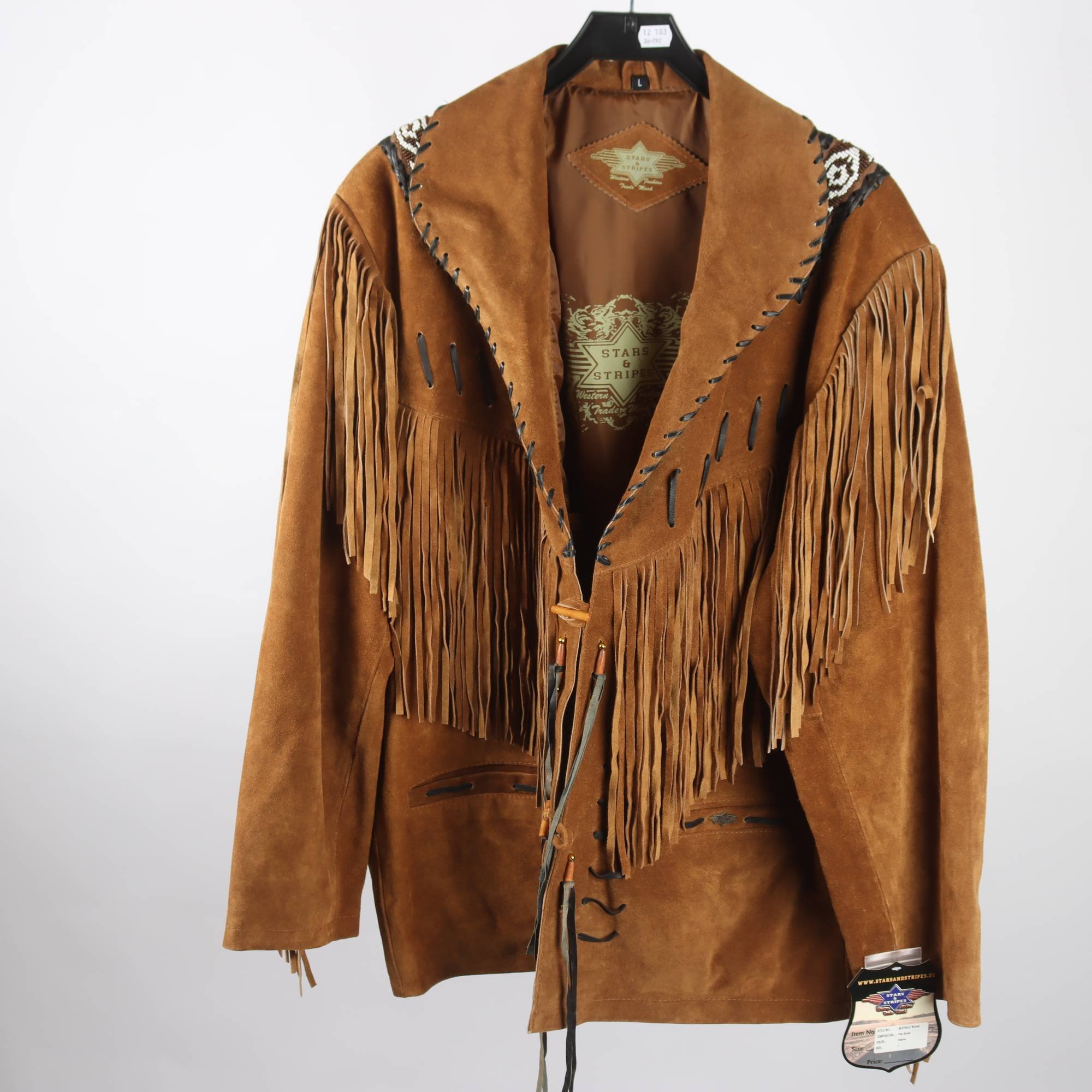 Mockajacka med fransar, Stars & Stripes, 100% läder, stl. L