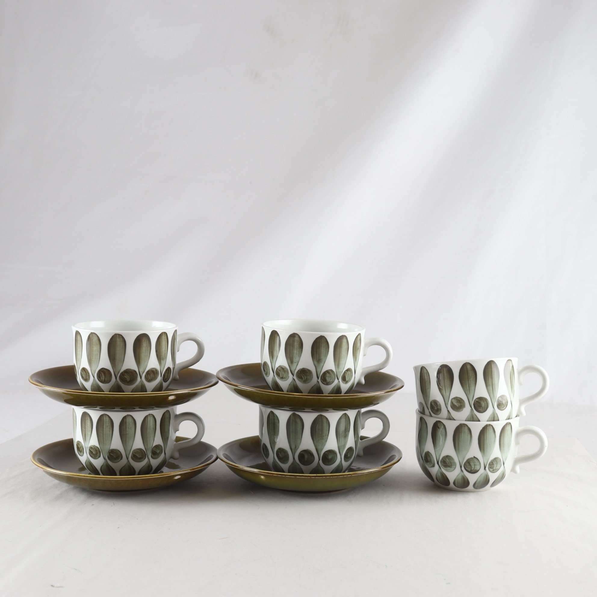 Tekoppar på fat, ”Skimra”, Gefle Upsala-Ekeby. Samfraktas ej.