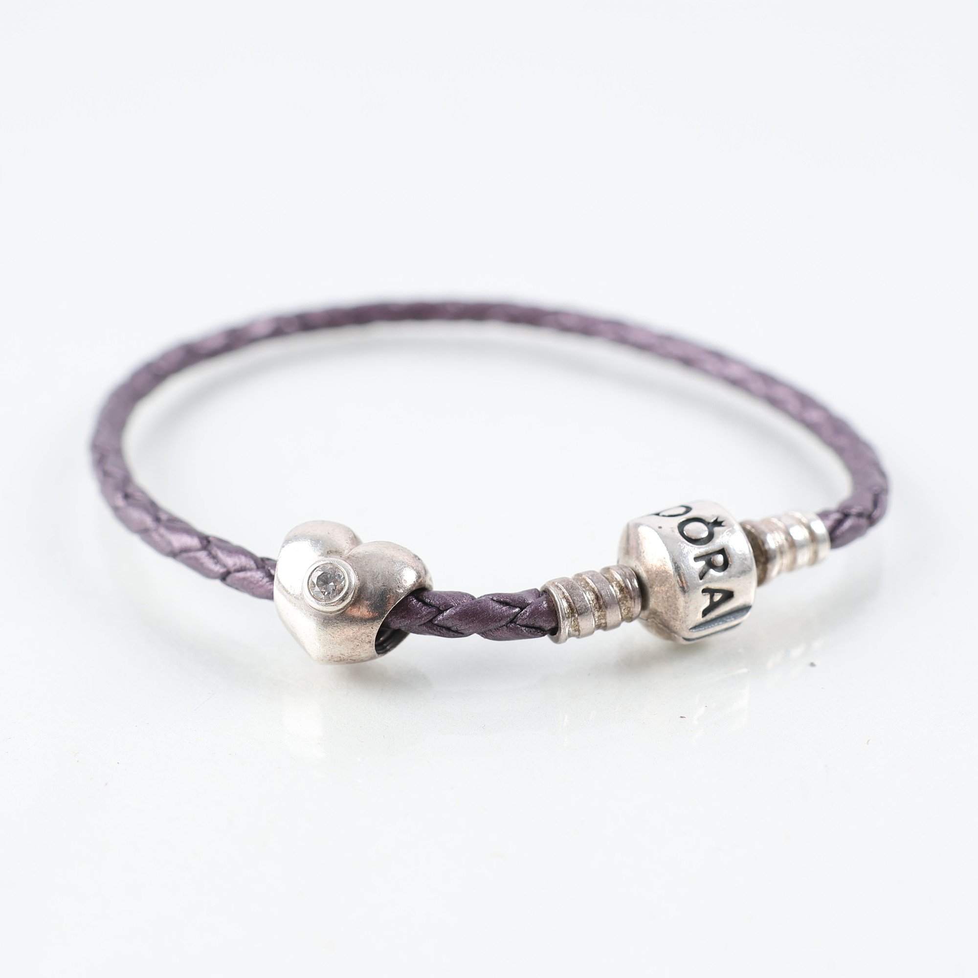 Armband, Pandora, 1 hänge, silver 925, läder, sten.