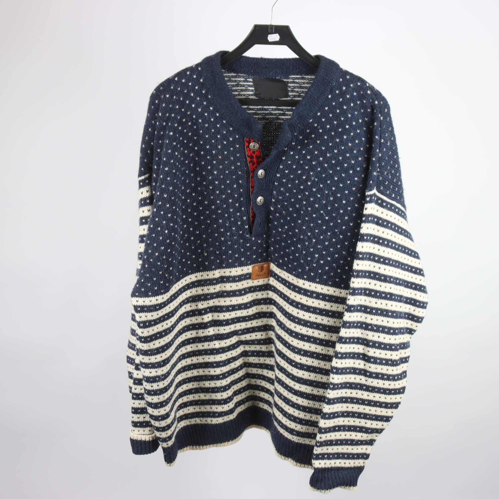 Tröja, Janus, blå, vit, ull, stl. ca. XXL.