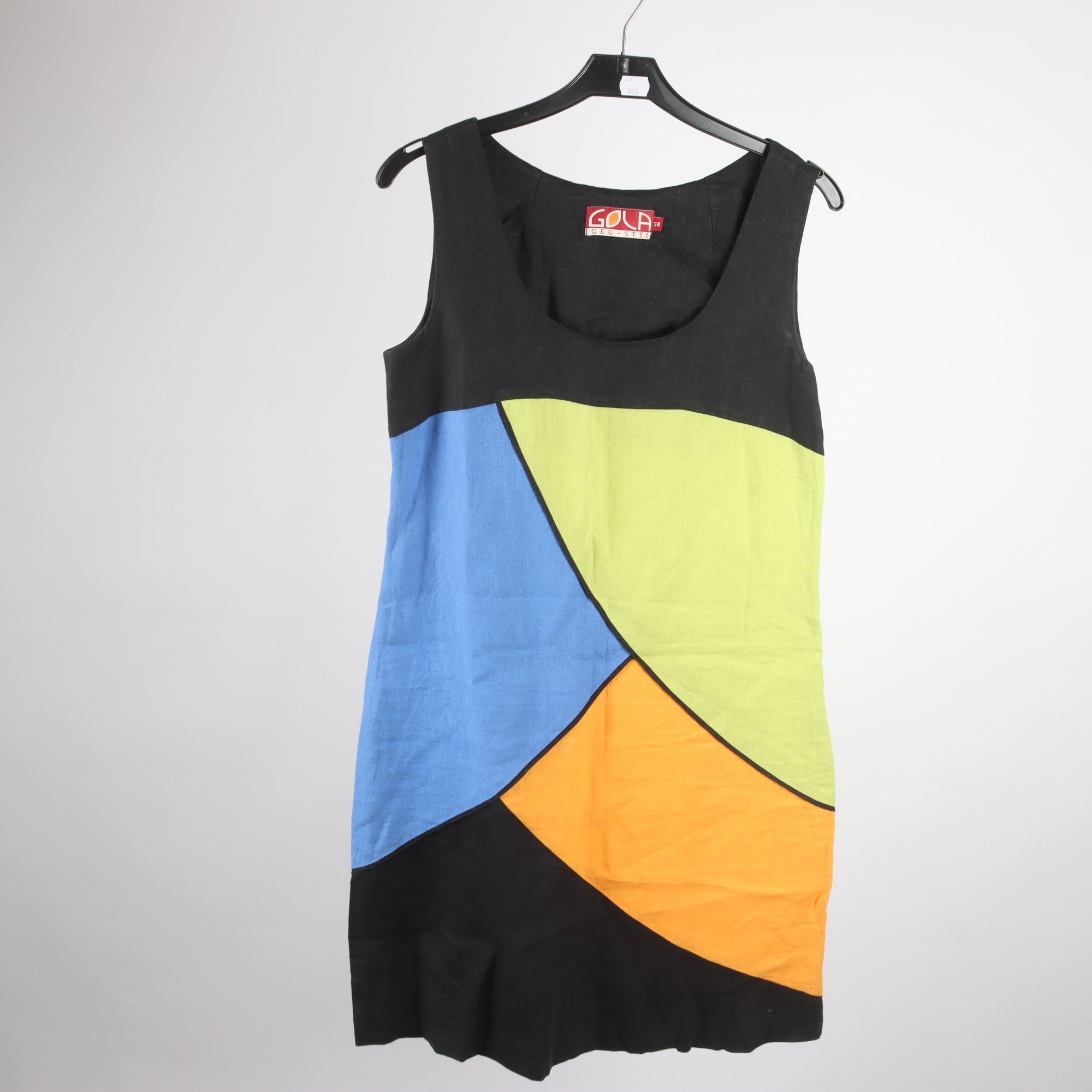 Klänning, Gola, grön, blå, orange, lin, stl. 38.