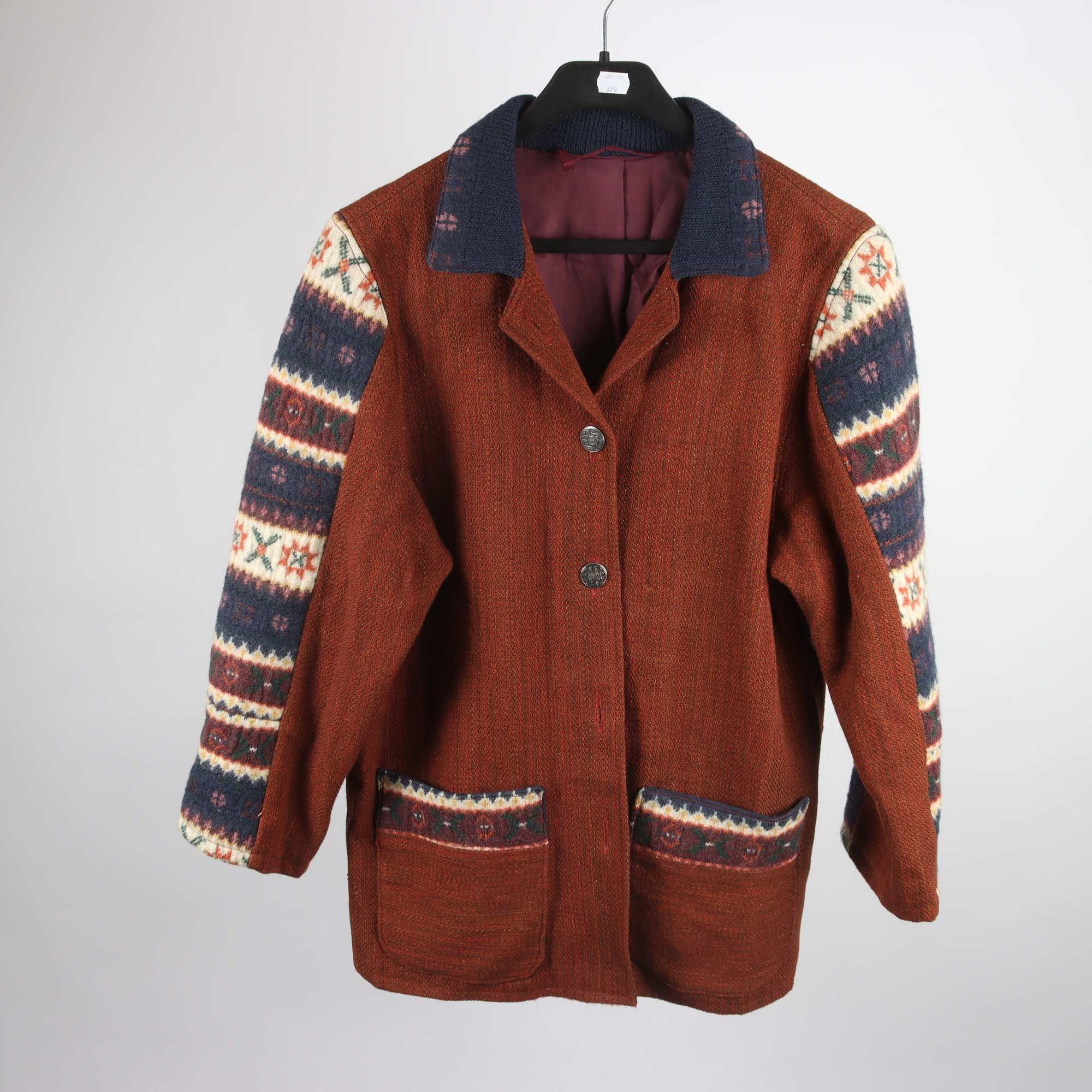 Jacka, Okänd, brun, blå, ull, stl. ca. S/M.