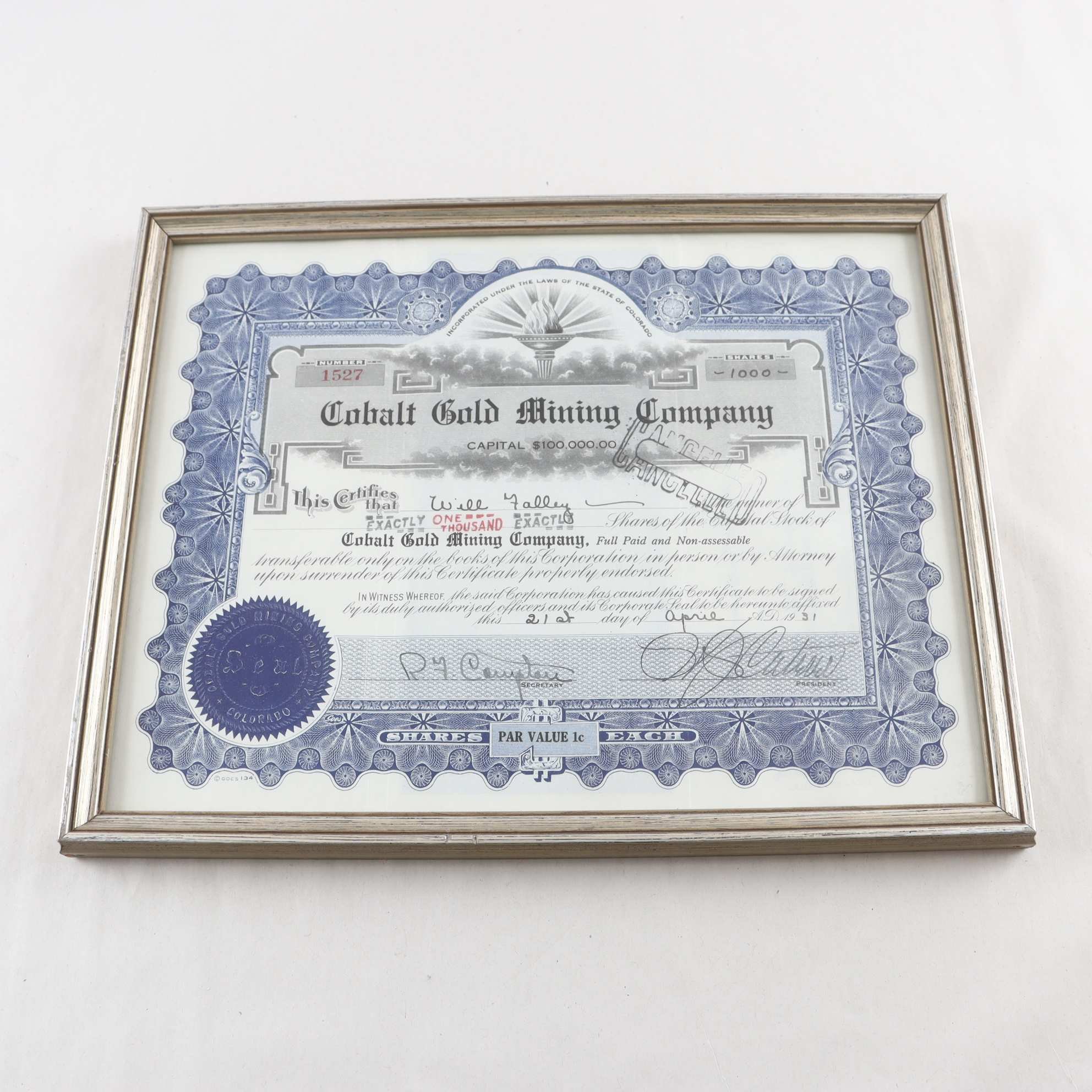 Aktiebrev, Cobalt Gold Mining Company, Colorado, 1931