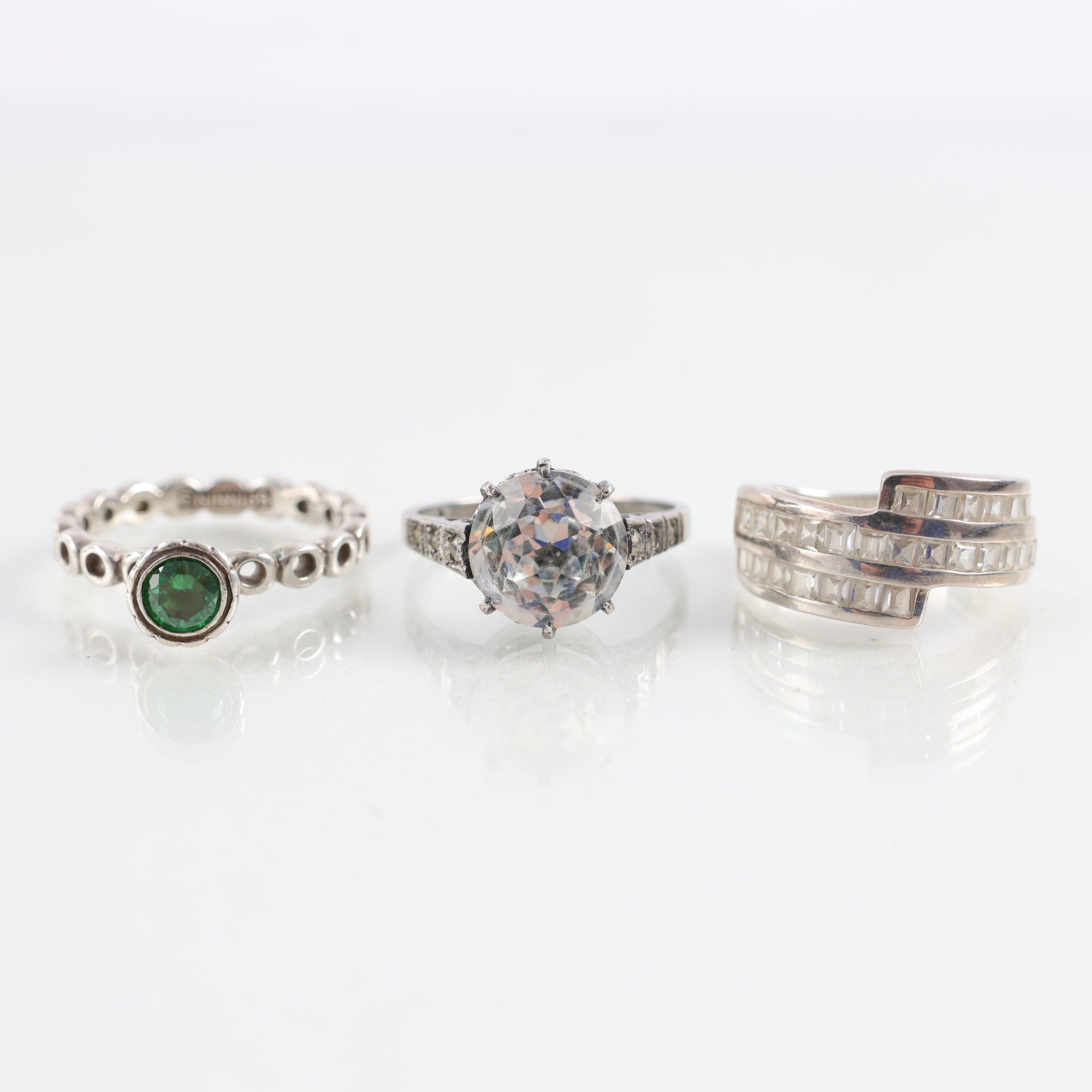 Ringar, silver, stenar, glas, 3st, brv: 10.3g