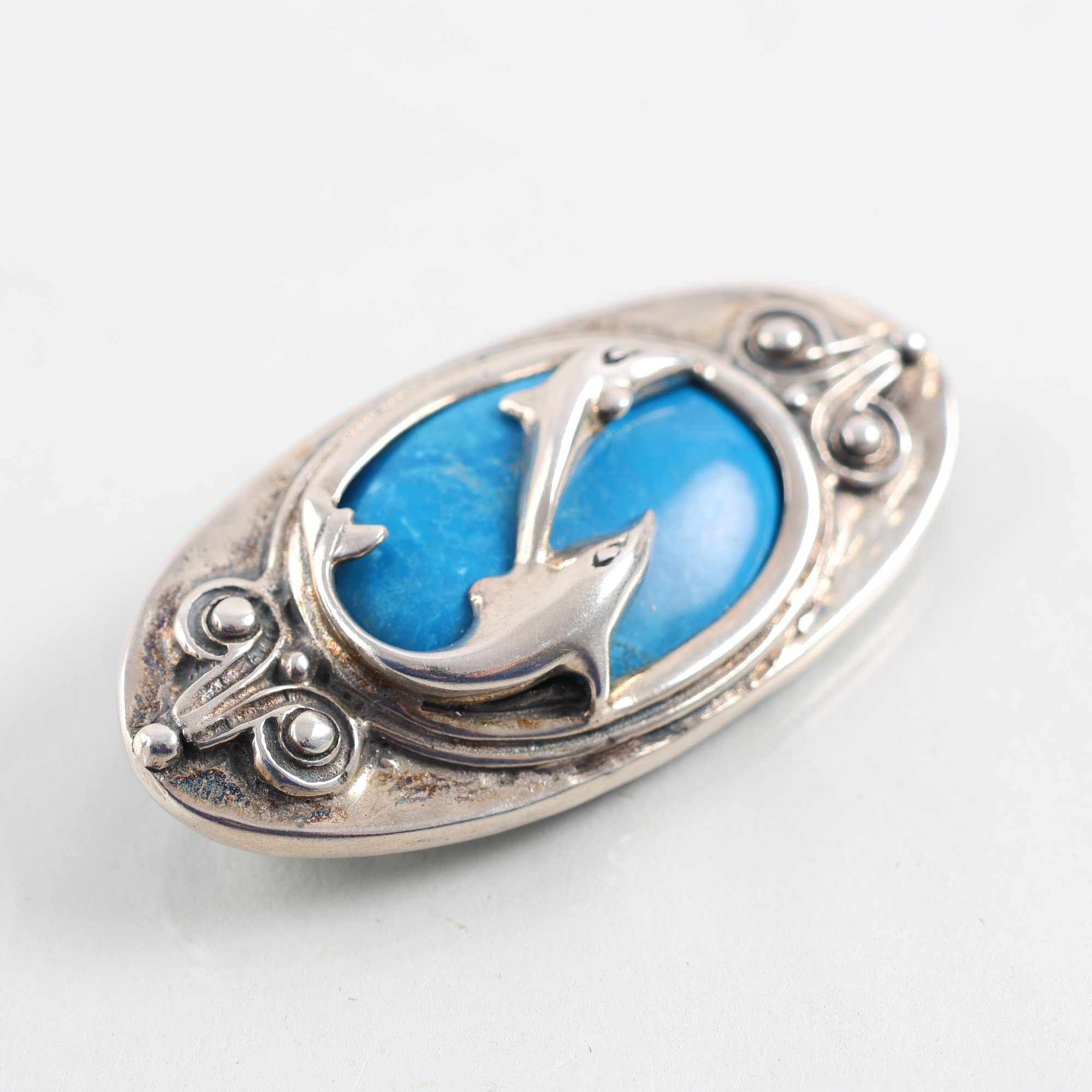 Brosch, silver 925, blå sten, delfiner, vintage, brv: 21.2g