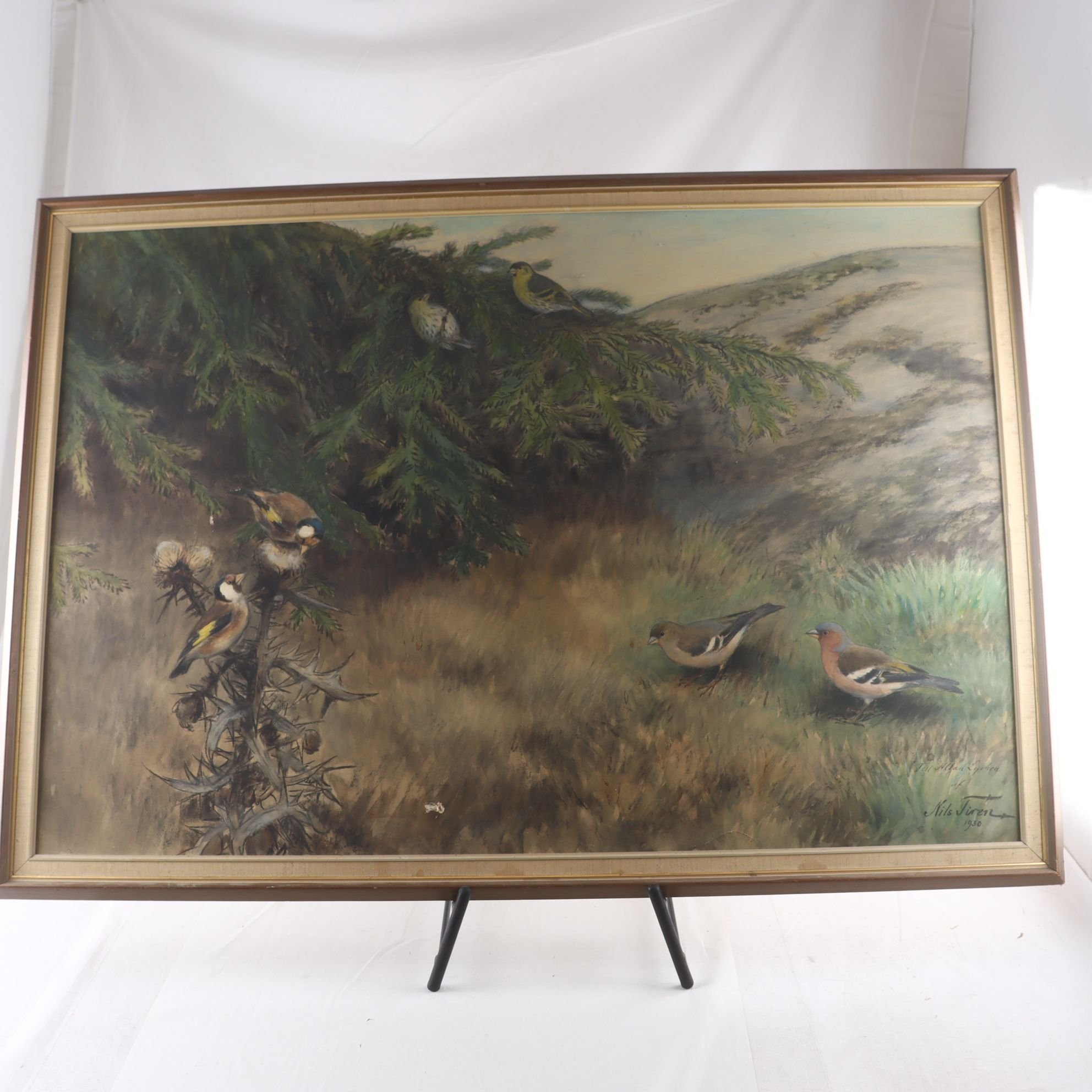 Målning på pannå, fåglar, Nils Tirén, signerad, 1930. Endast avhämtning