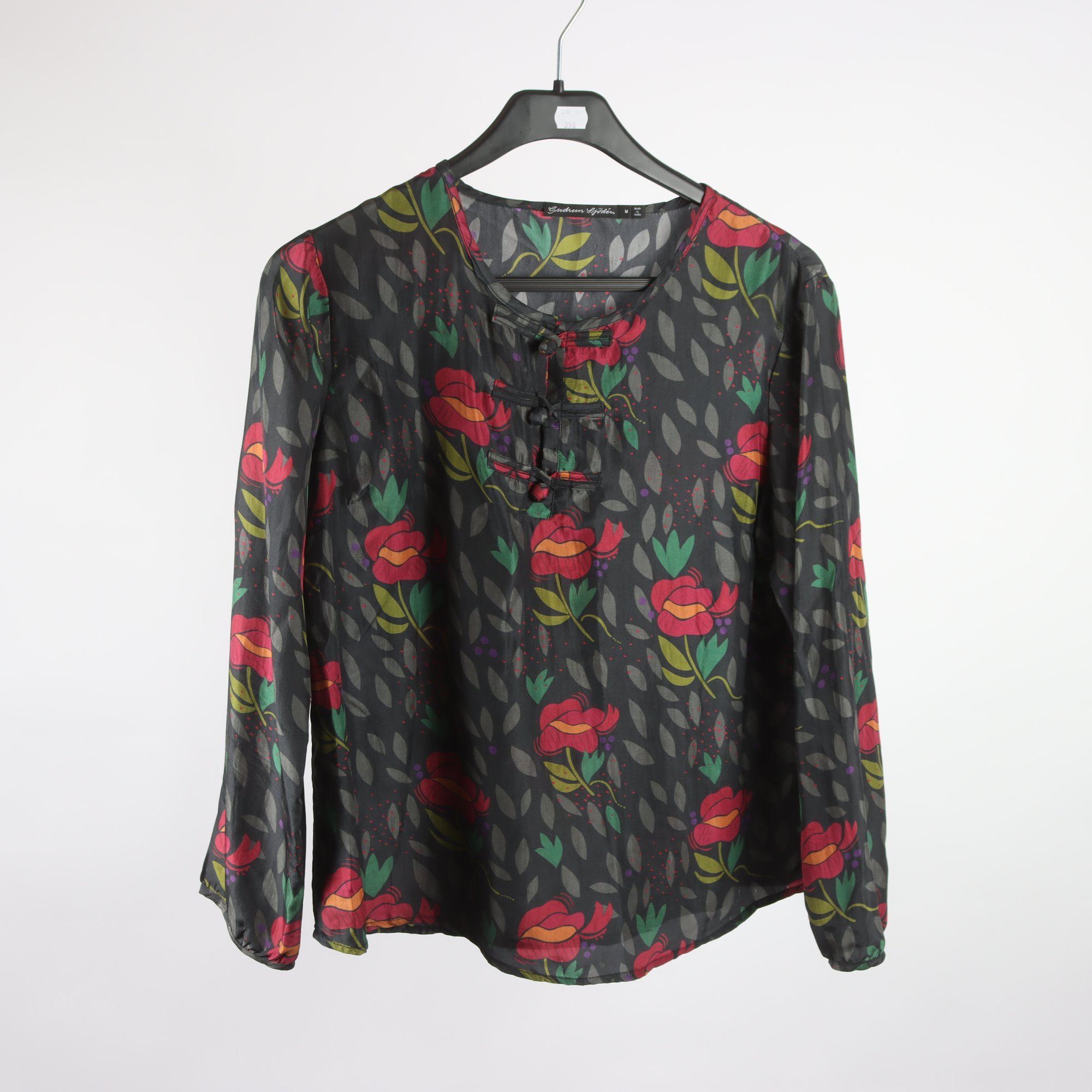 Blus, Gudrun Sjödén, mönstrad, röd, grön, 100% silke, stl. M.