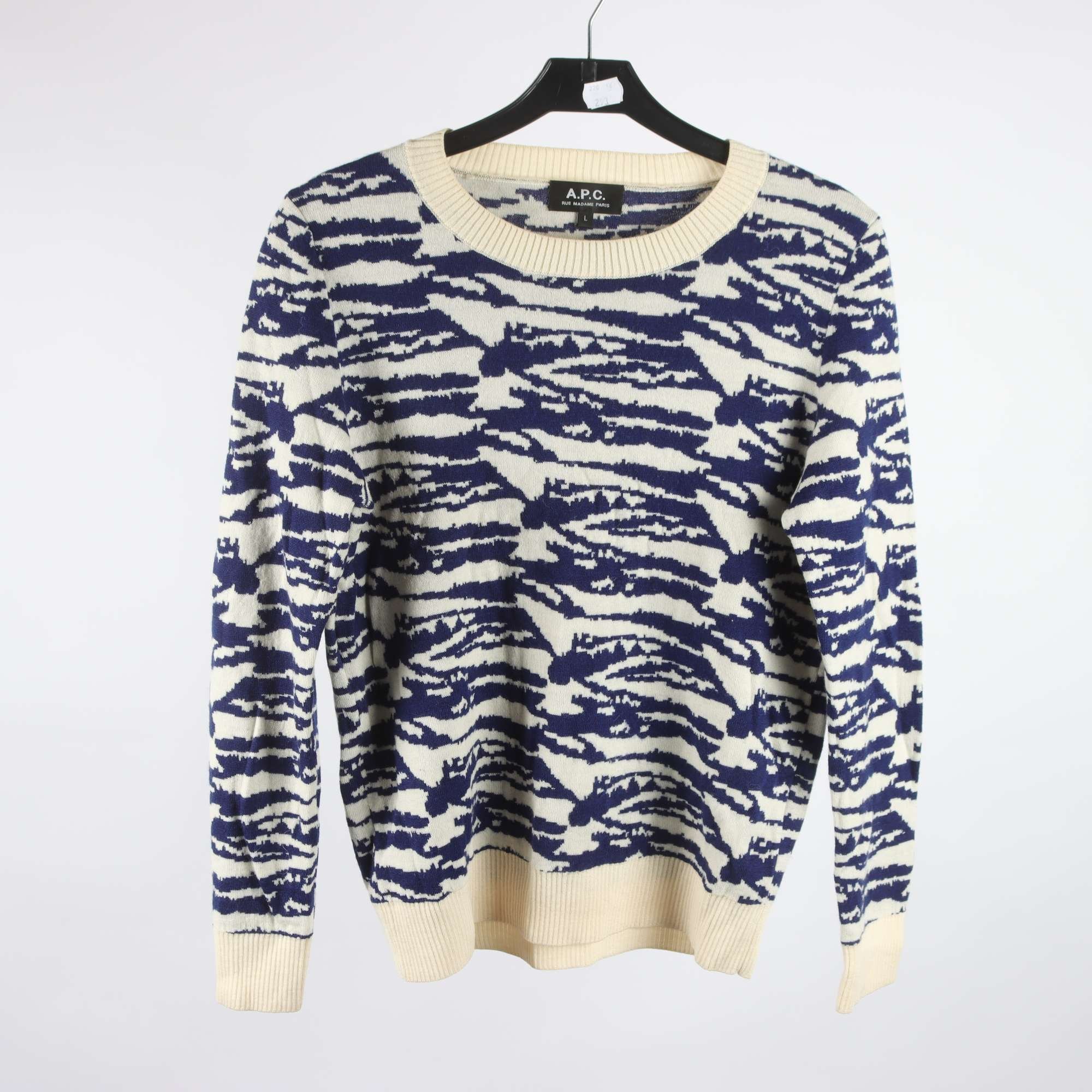 Tröja, A.P.C. blå, vit, 100% ull, stl. L.
