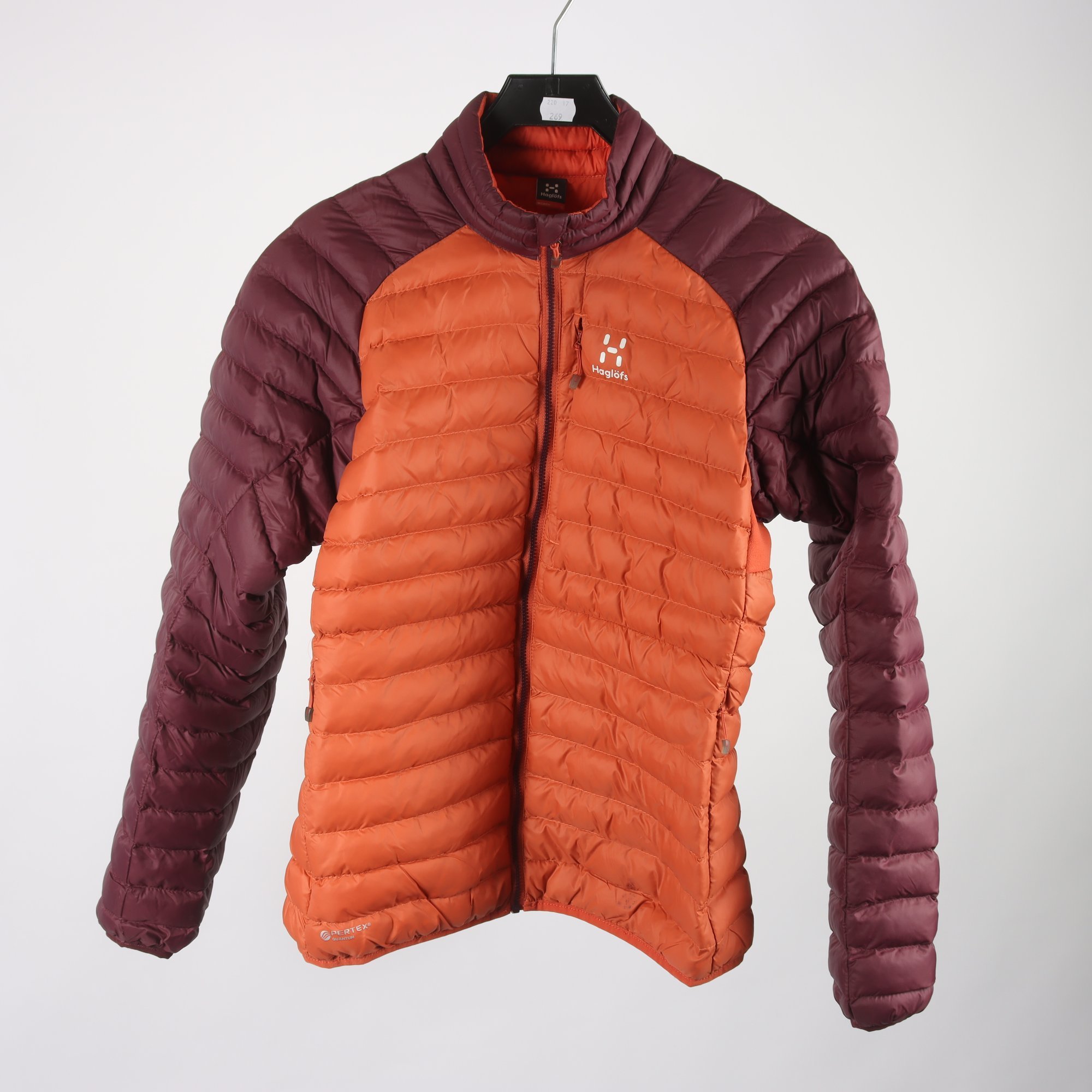 Pufferjacka, Haglöfs, orange, vinröd, stl. S.