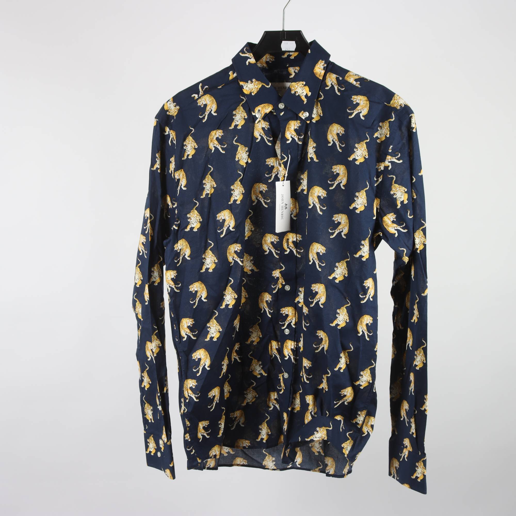 Skjorta, John Henric. blå, gul, tigrar, stl. 41.