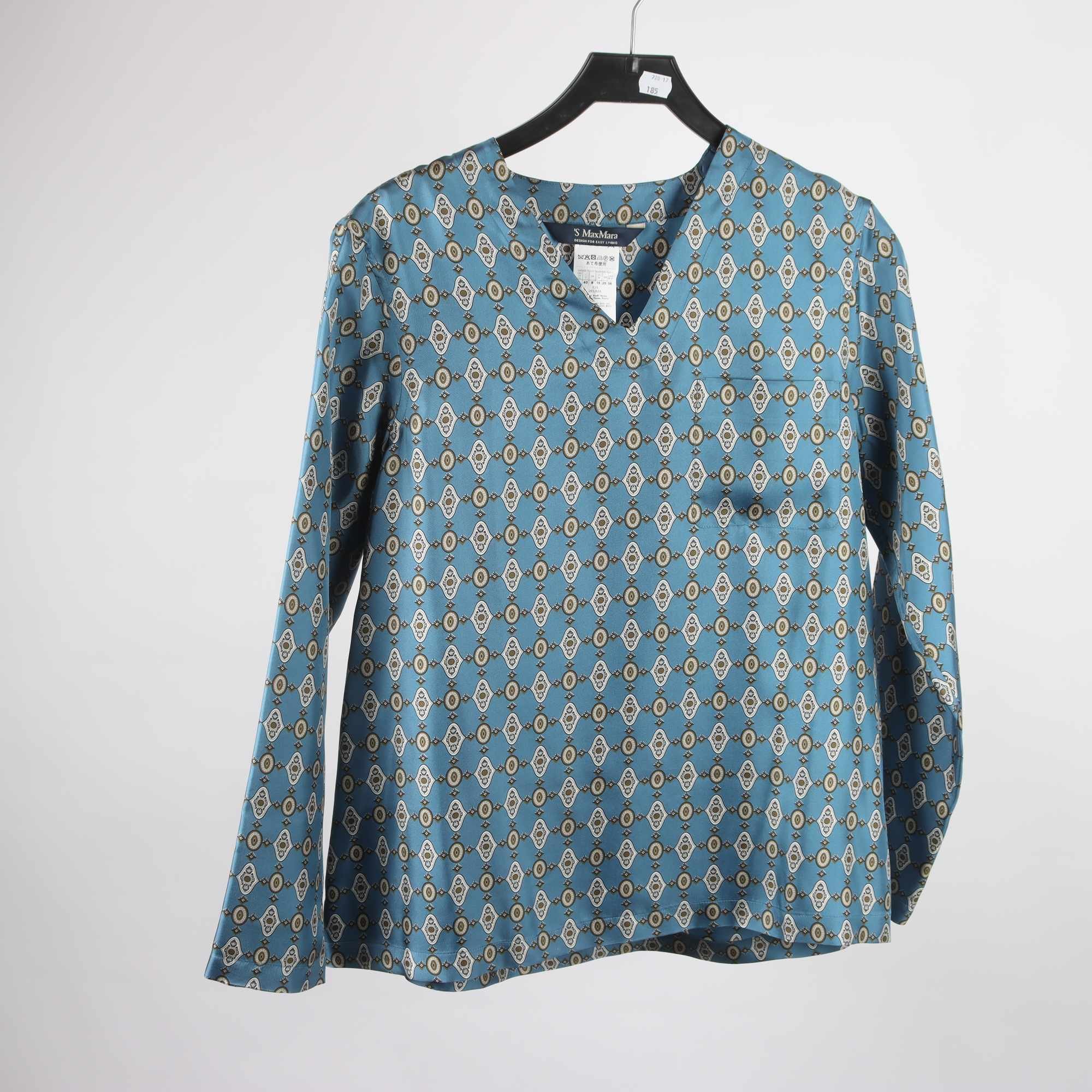 Blus, MaxMara, blå, mönstrad, silke, stl. 36