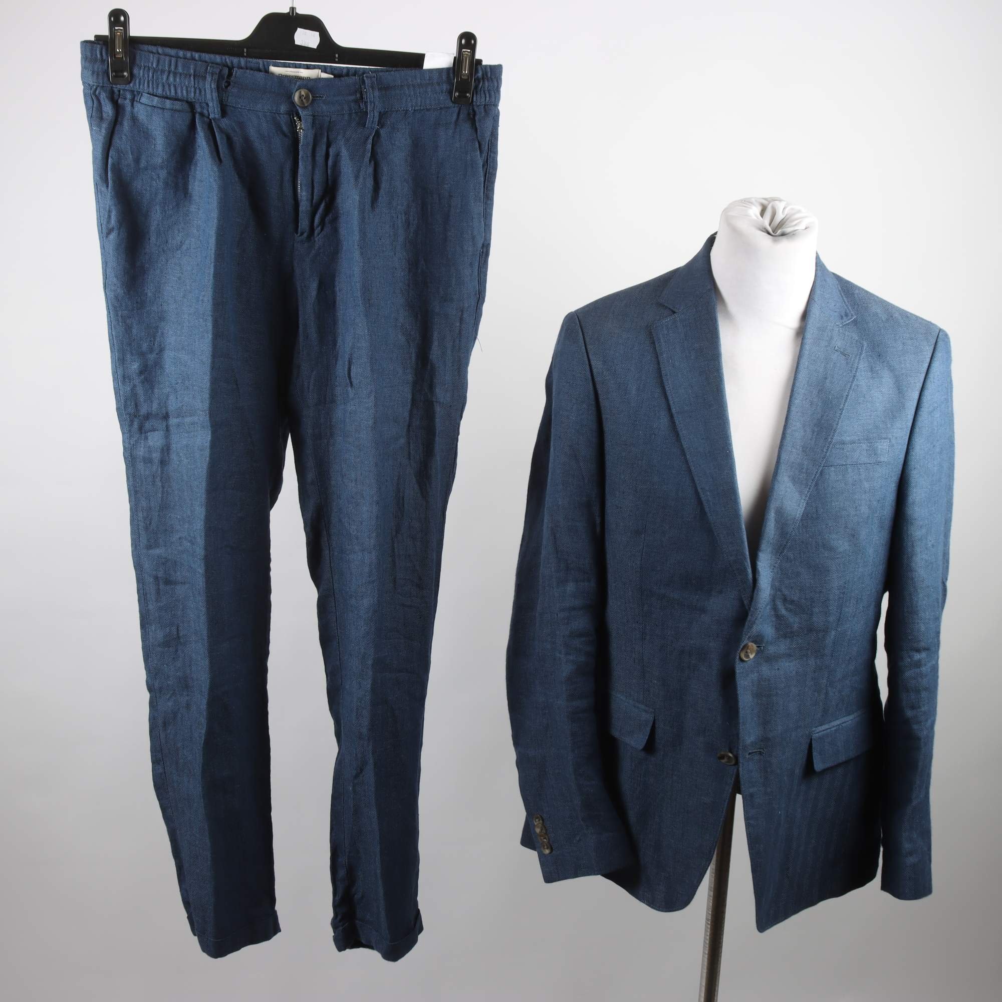 Kostym. Dressmann, blå, 100% linne, stl. kavaj 50, byxor 33-32