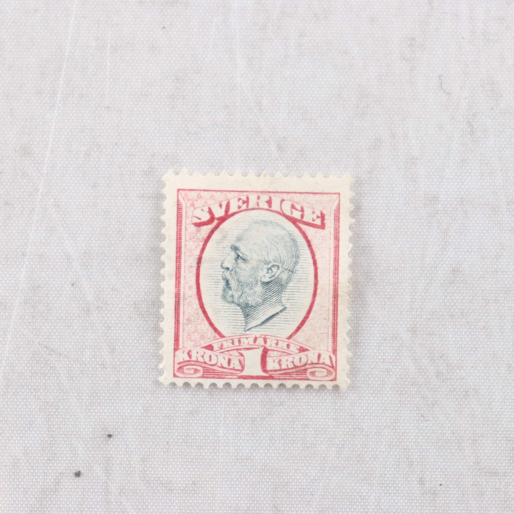 Frimärke, F 60, 1 kr, karmin/grå, Oscar II
