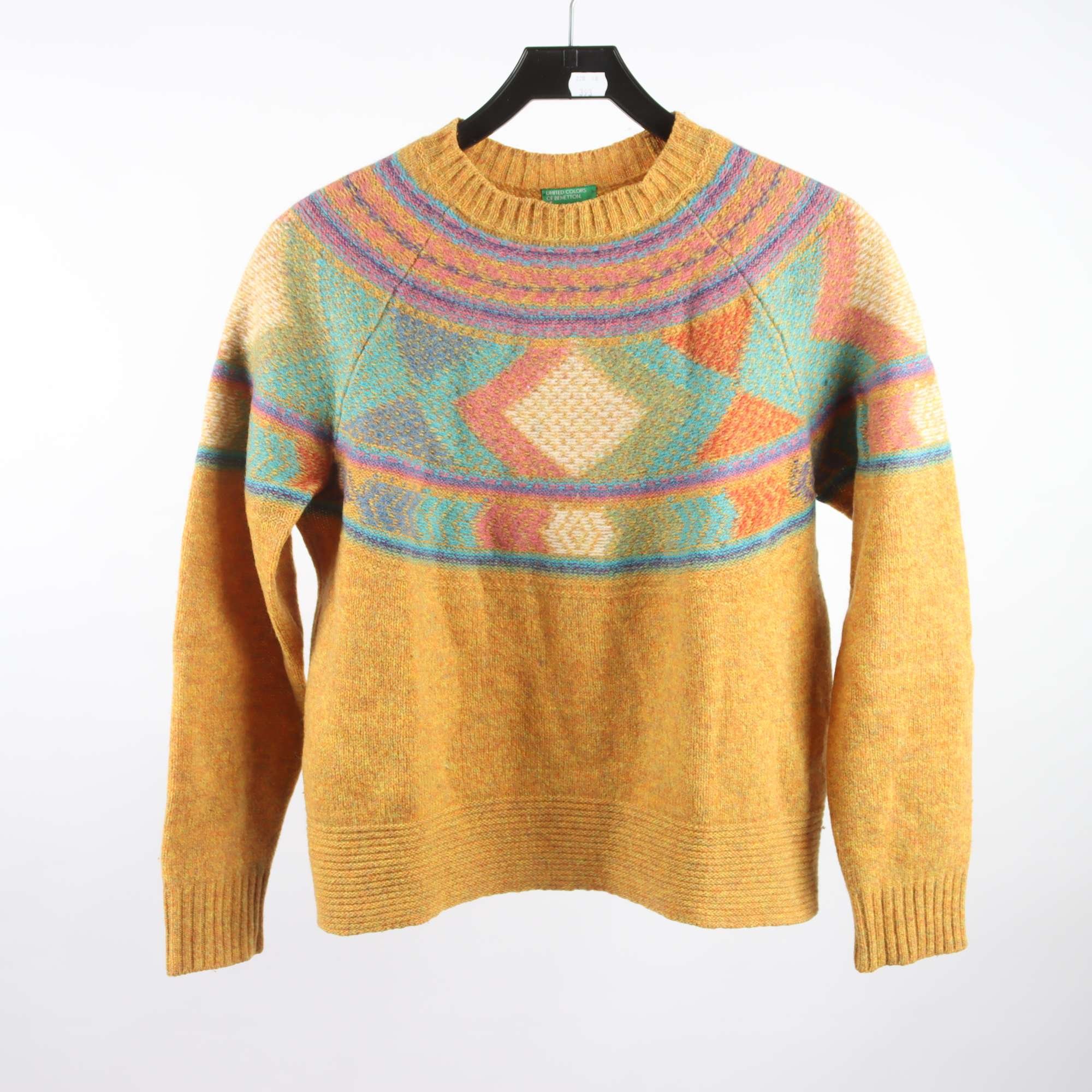 Tröja, Benetton, gul, grön, 100% ull, stl. ca. XS/S.