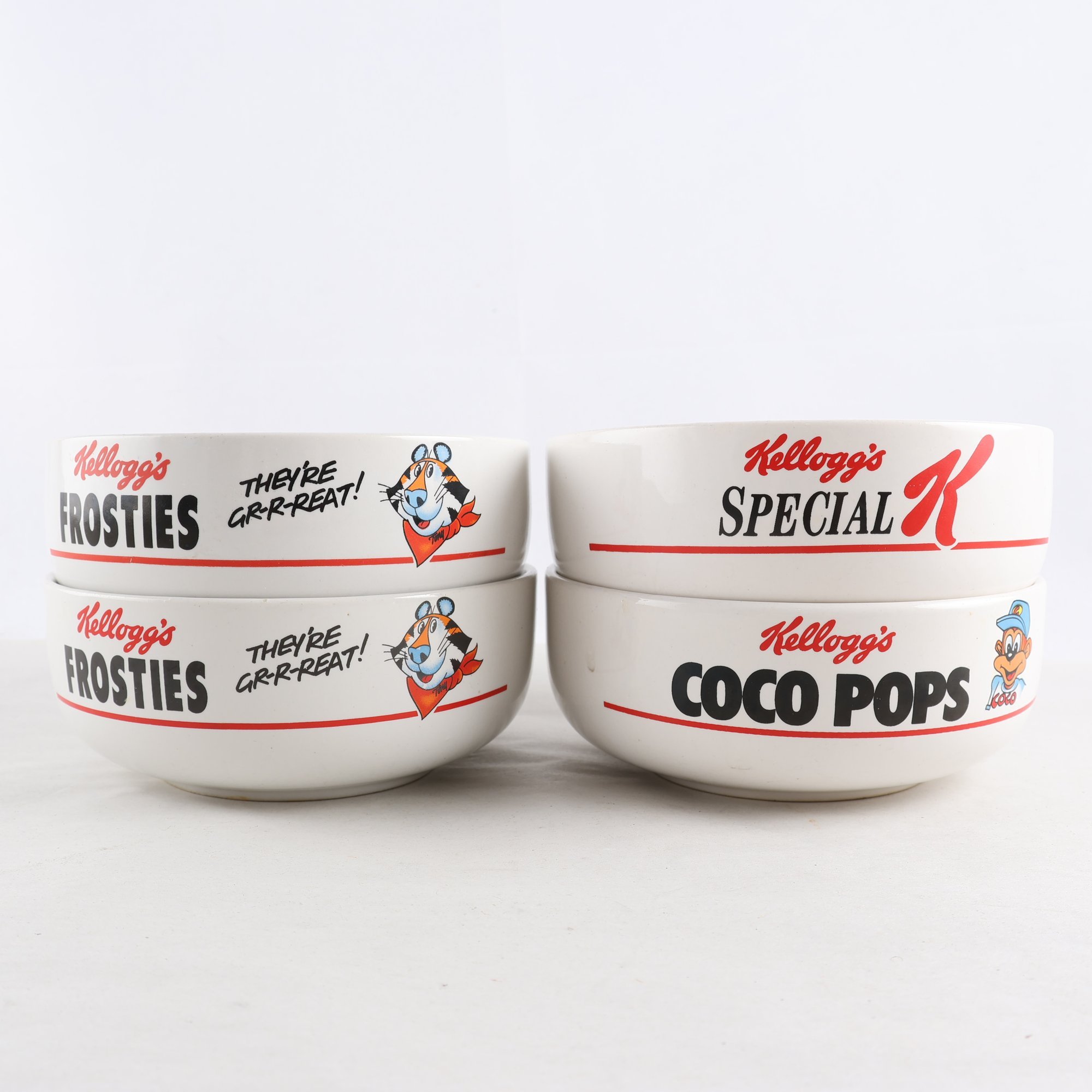 Skålar, Kellog Company 1987, Coco pops, Special K, Frosties, 4 st.Samfraktas ej.