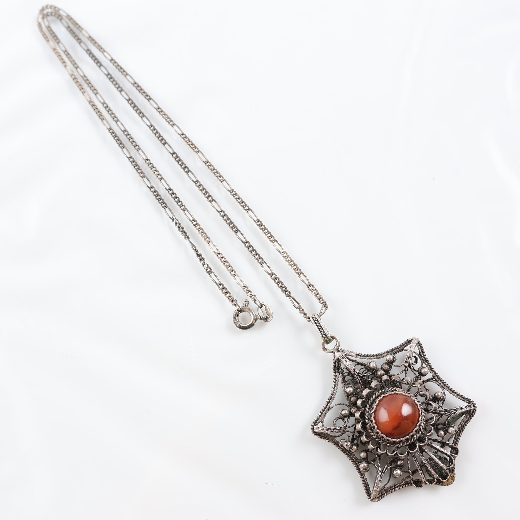 Halsband, silver 925, rödbrun sten, filigran, vintage, brv: 14.3g