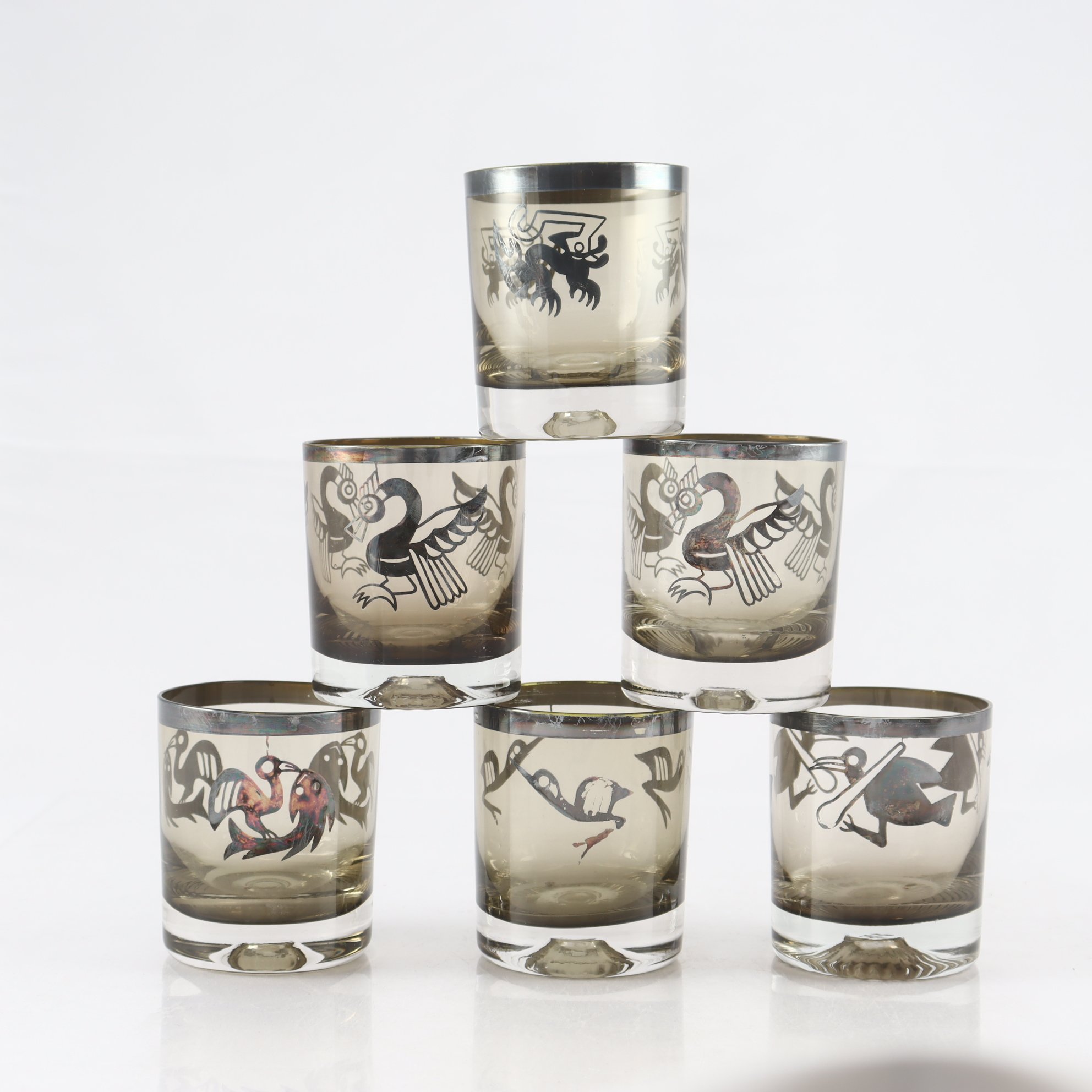 Glas, silverinläggningar av fåglar, Peru, 6 st. Samfraktas ej