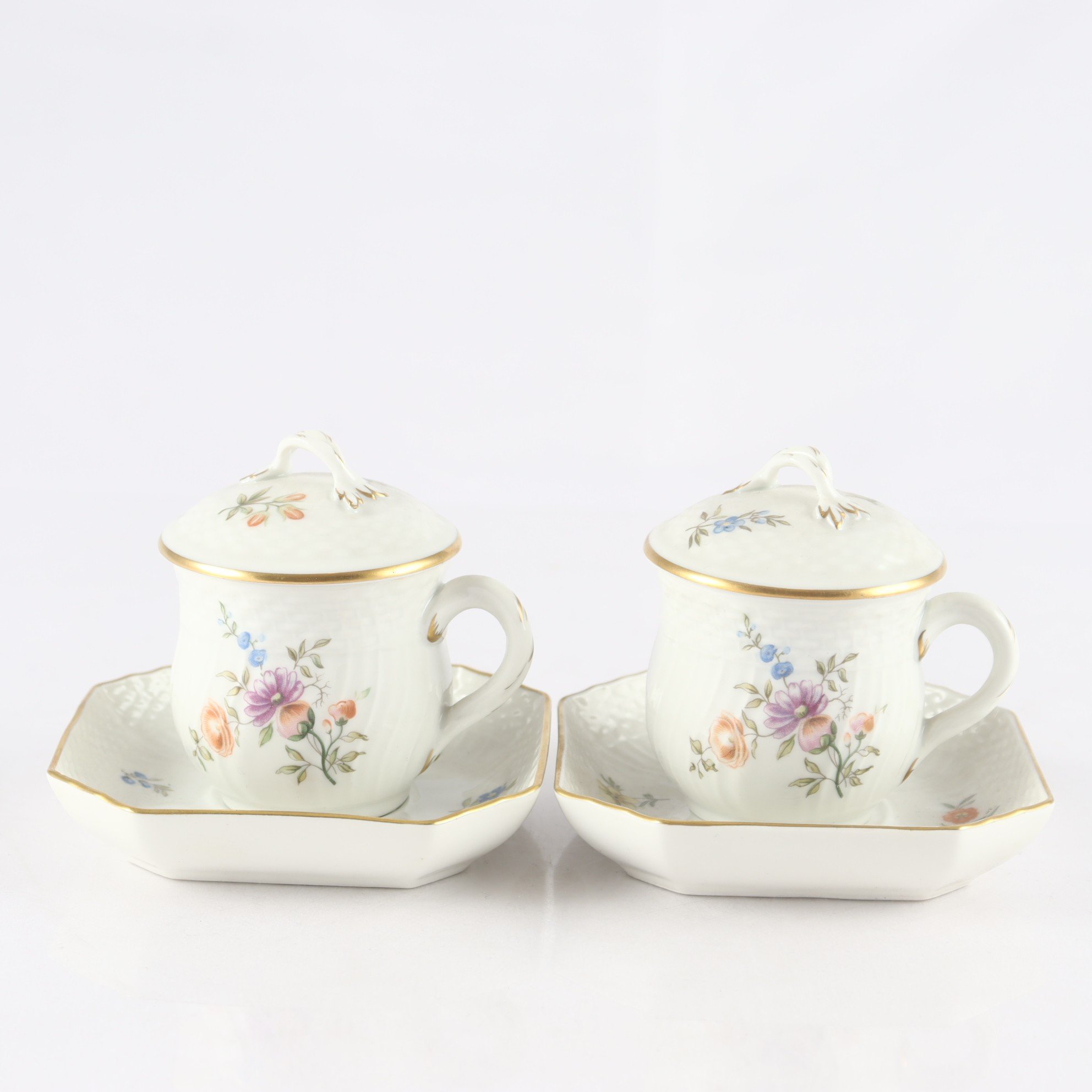 Cremekoppar med fat och lock, Sachsisk Blomst, Royal Copenhagen, 2 st